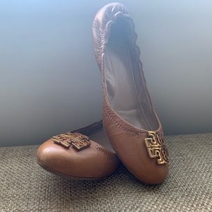 Tory Burch Brown Flats with Gold Logo